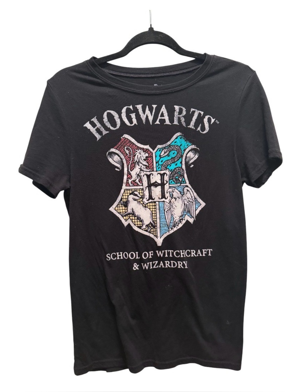 Warner Bros. Black Tee with Colorful Hogwarts Crest